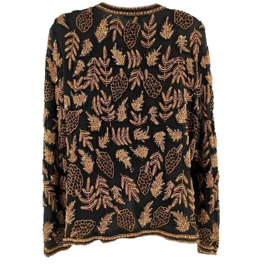 Vintage Black Silk Jacket with Tan, Gold, and Black Beads & Sequins | Candleligh